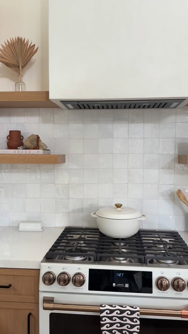 Handmade white Zellige tile backsplash in a kitchen